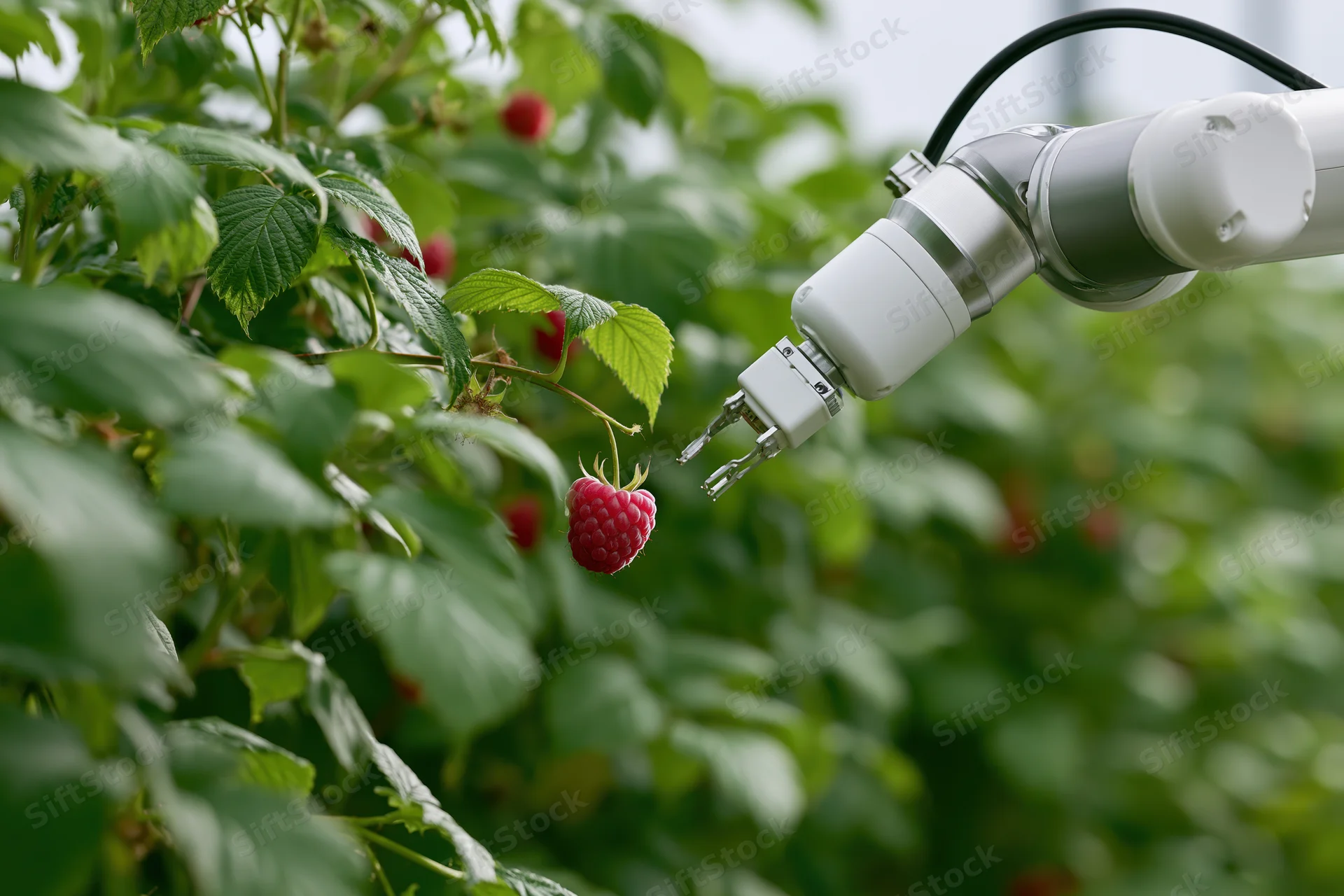 Robotic arm with gripper reaching to harvest a raspberry from a leafy plant in a greenhouse setting