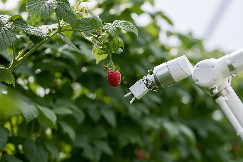 Robotic arm with gripper reaching to pick a ripe raspberry from a leafy plant in a garden