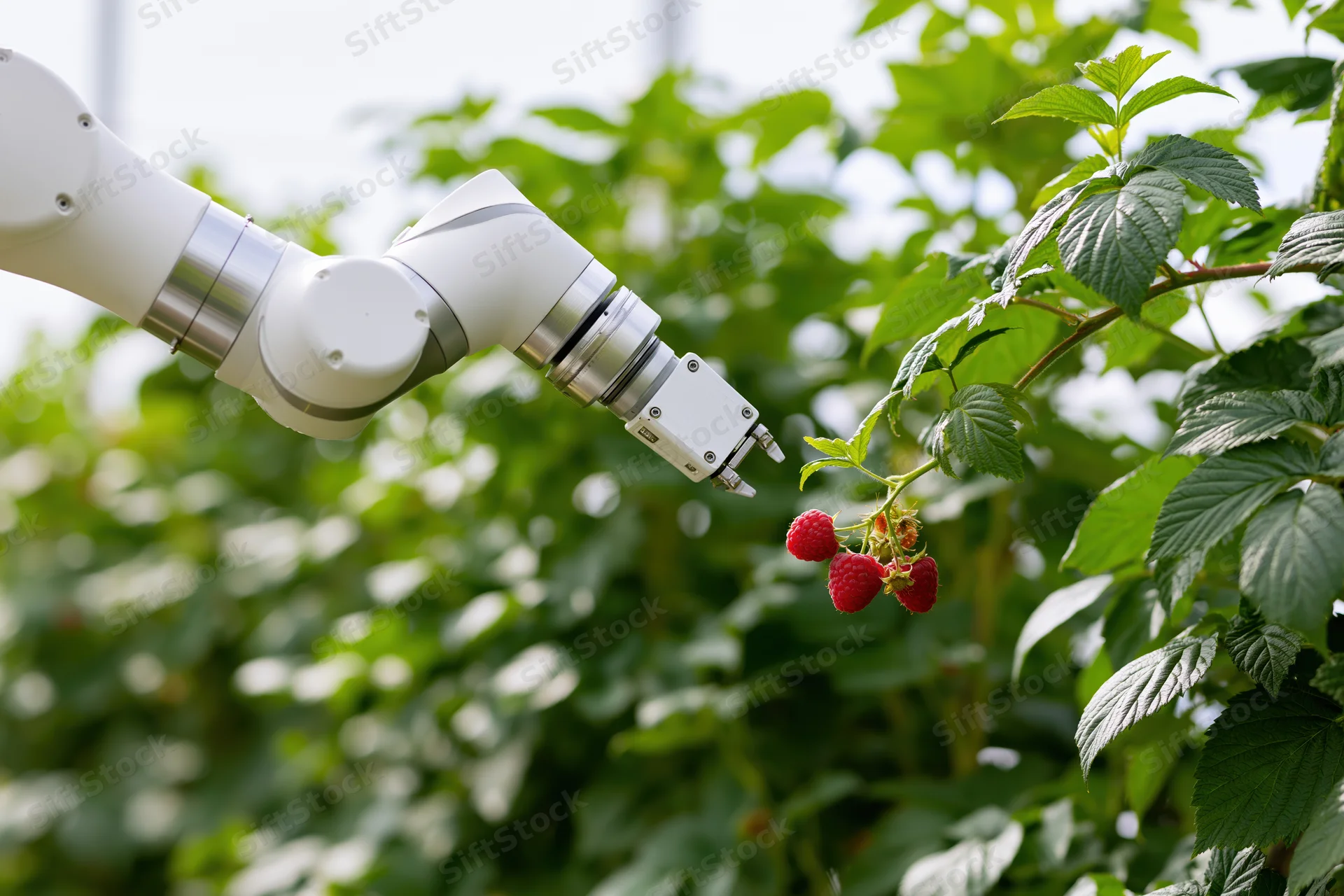 Robotic arm with gripper reaching toward ripe raspberries on a leafy plant in a greenhouse setting