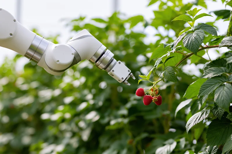 Robotic arm with gripper reaching toward ripe raspberries on a leafy plant in a greenhouse setting