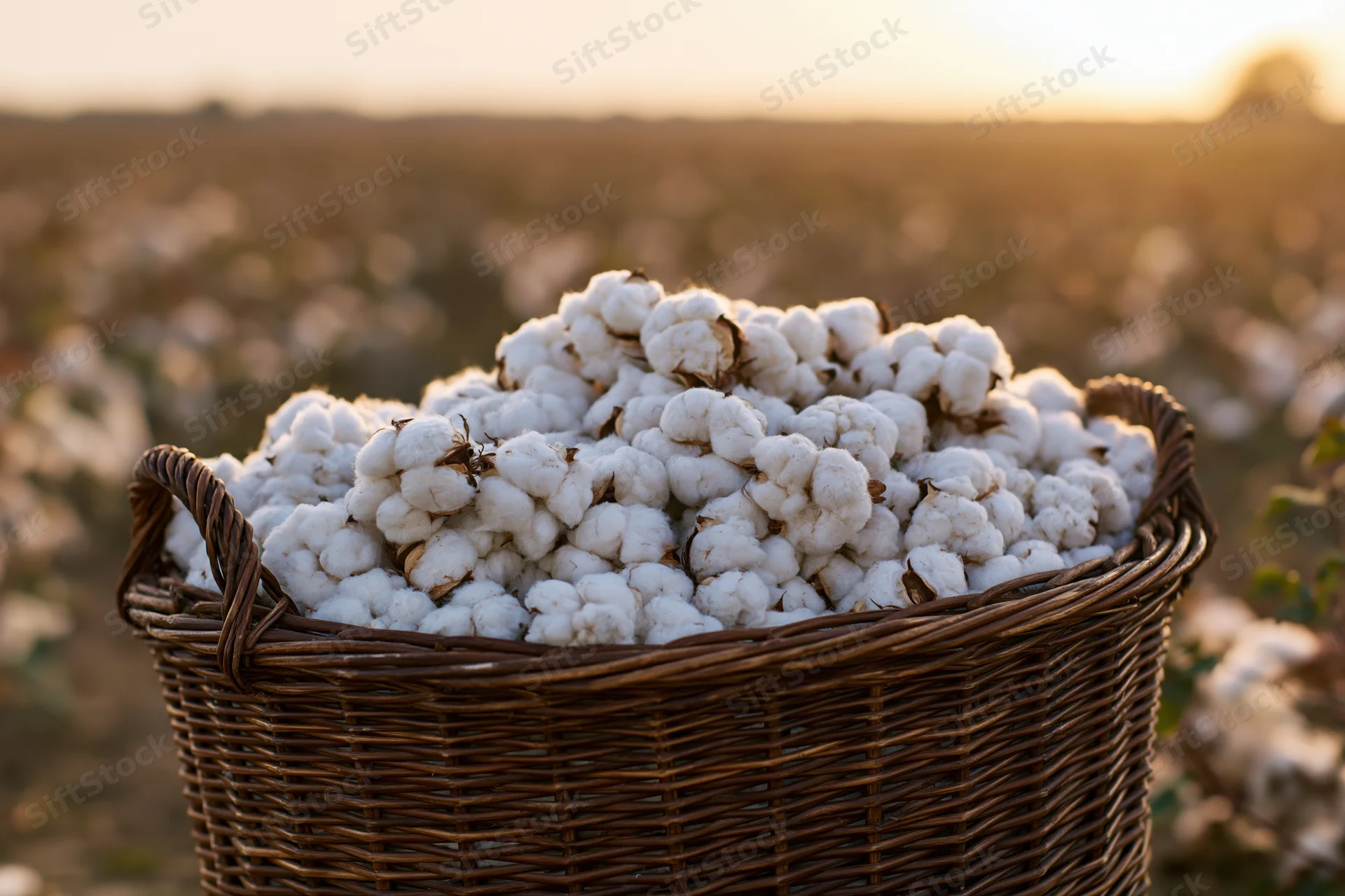 Wicker basket filled with freshly harvested cotton bolls in a field at sunset