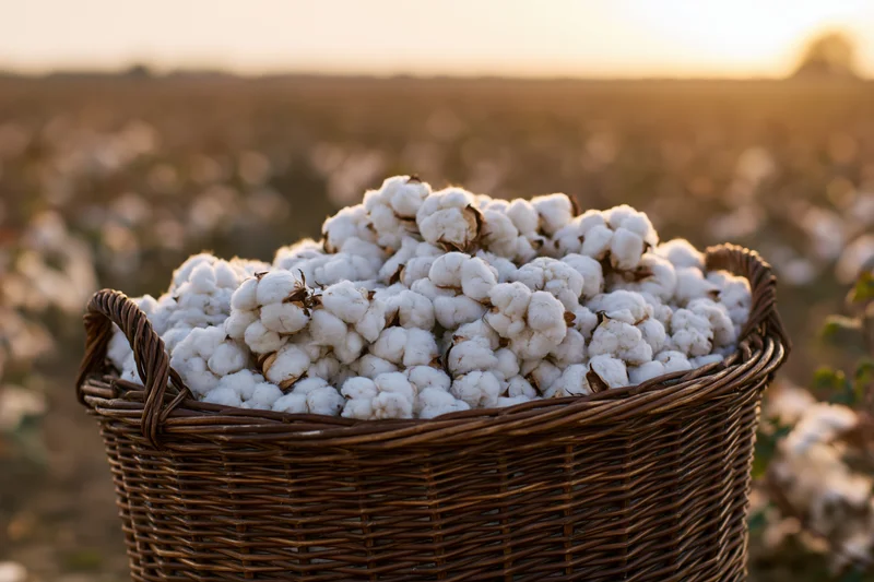 Wicker basket filled with freshly harvested cotton bolls in a field at sunset