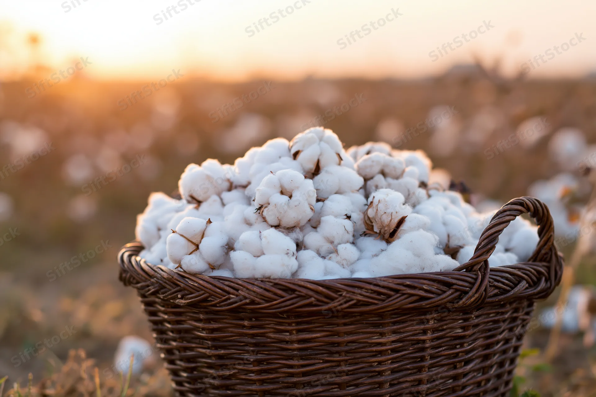 Wicker basket filled with cotton bolls in a field at sunset