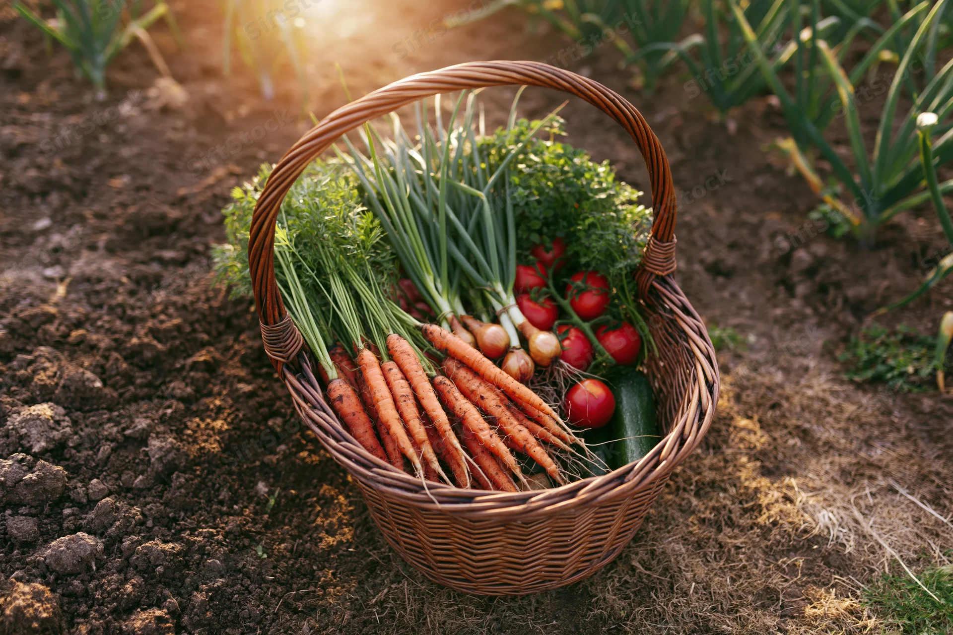 Wicker basket filled with freshly harvested vegetables resting on garden soil
