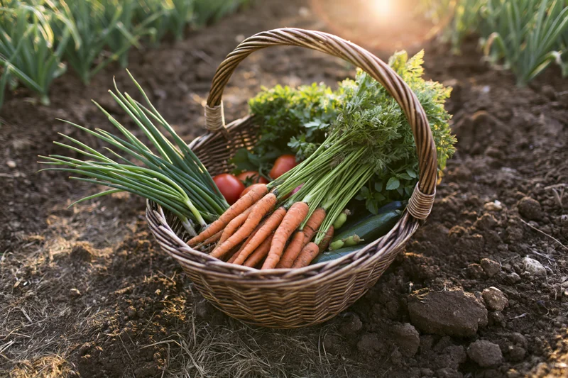 Wicker basket filled with freshly harvested vegetables resting on garden soil