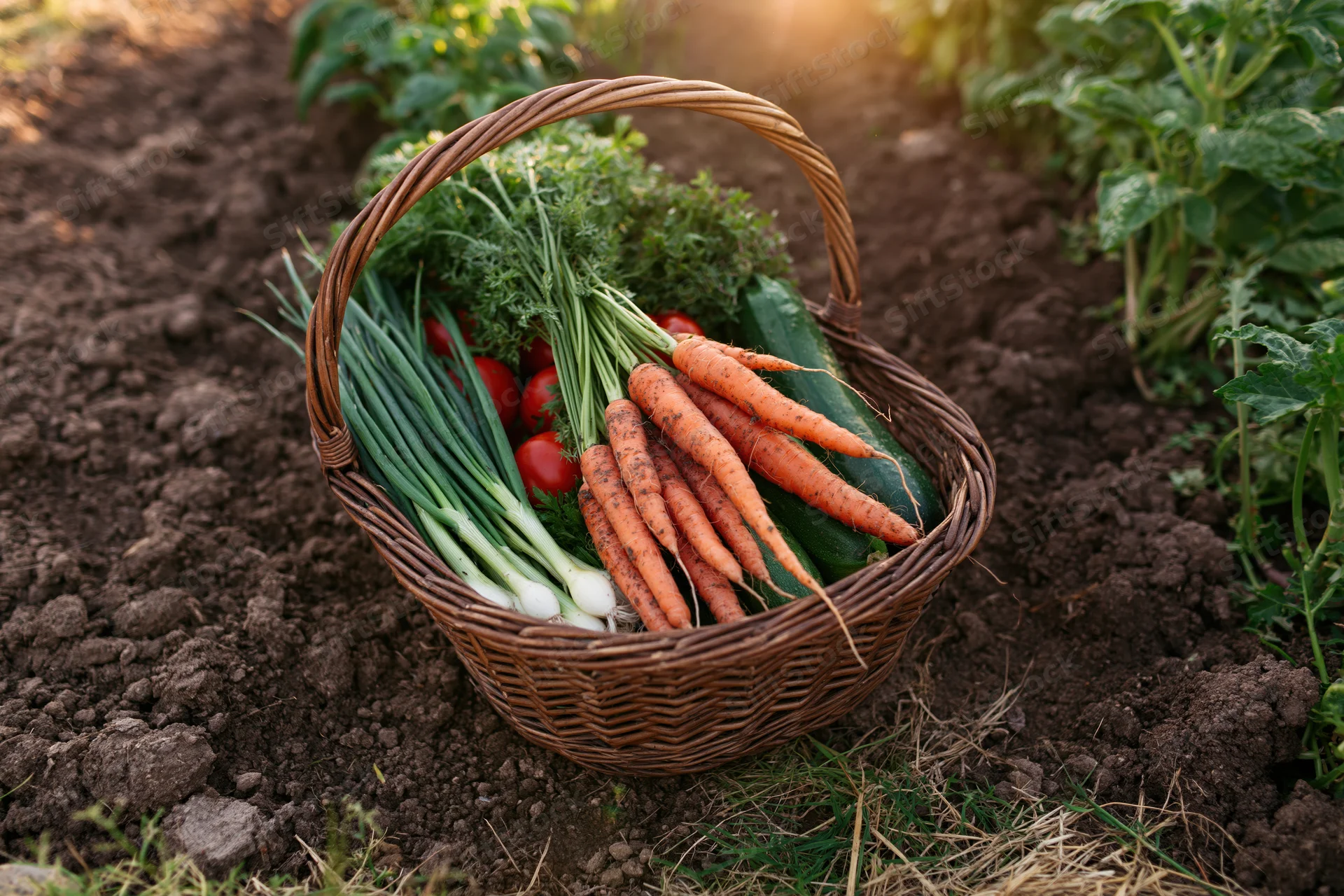 Wicker basket filled with freshly harvested vegetables resting on garden soil