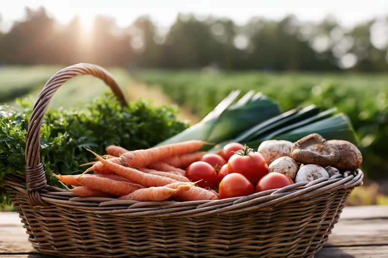 Wicker basket filled with freshly harvested vegetables on wooden table in garden at sunset