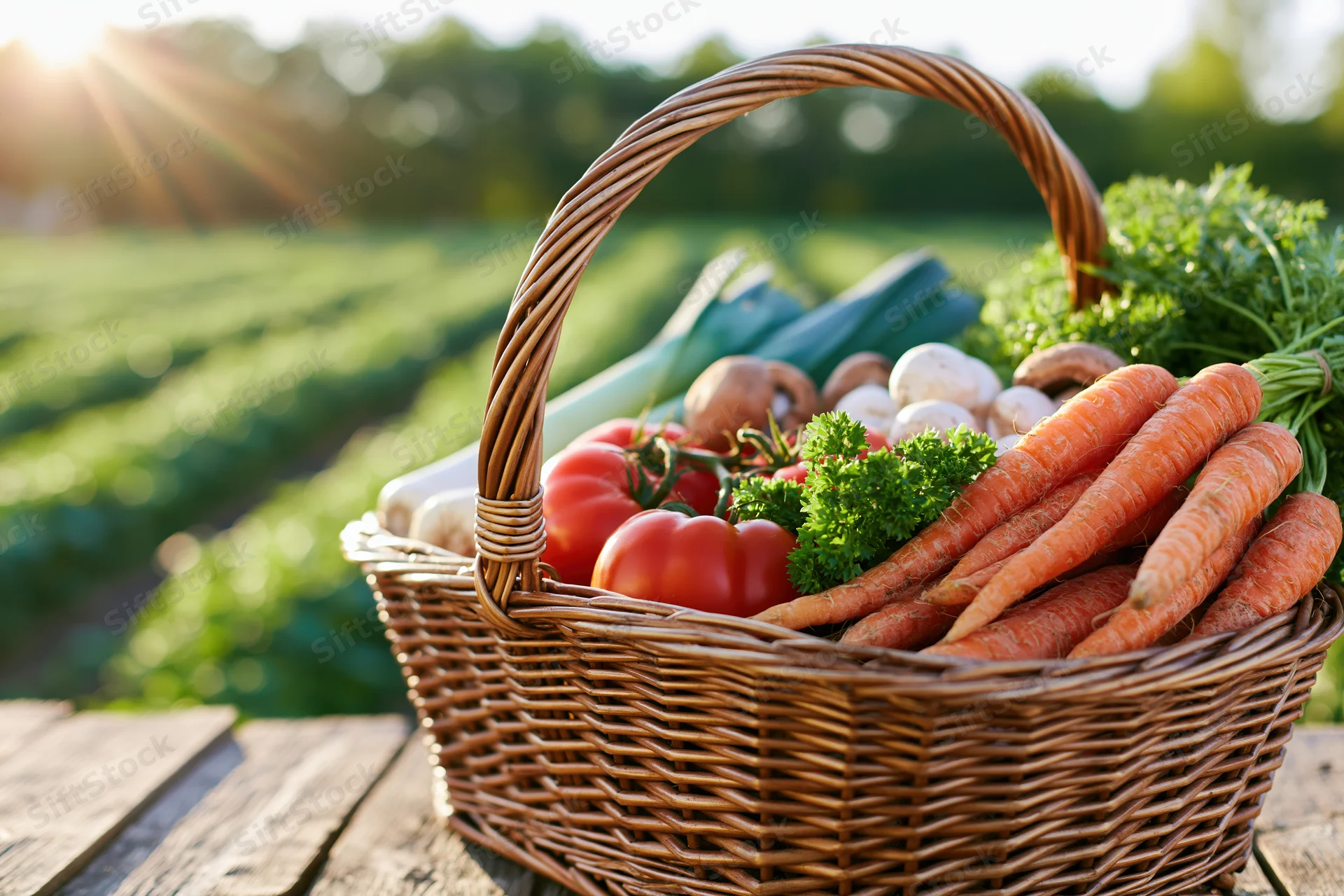 Wicker basket filled with freshly harvested vegetables on wooden table in garden at sunrise