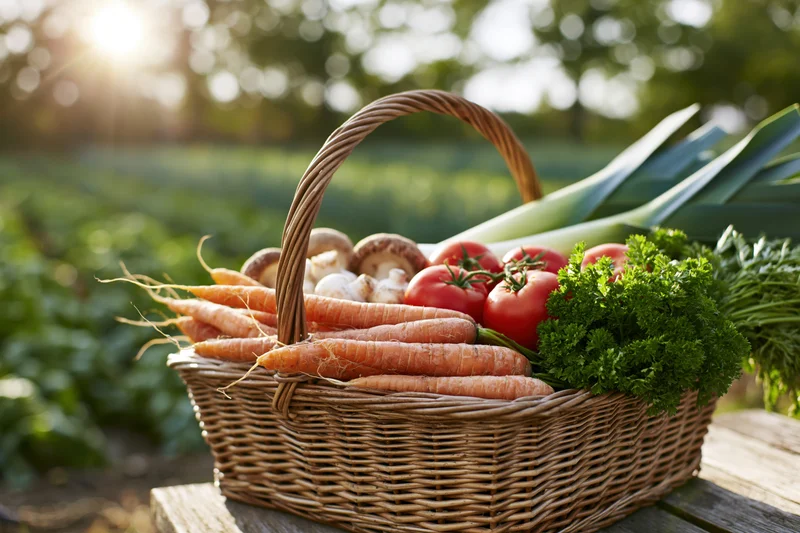 Wicker basket filled with freshly harvested vegetables on wooden table in garden
