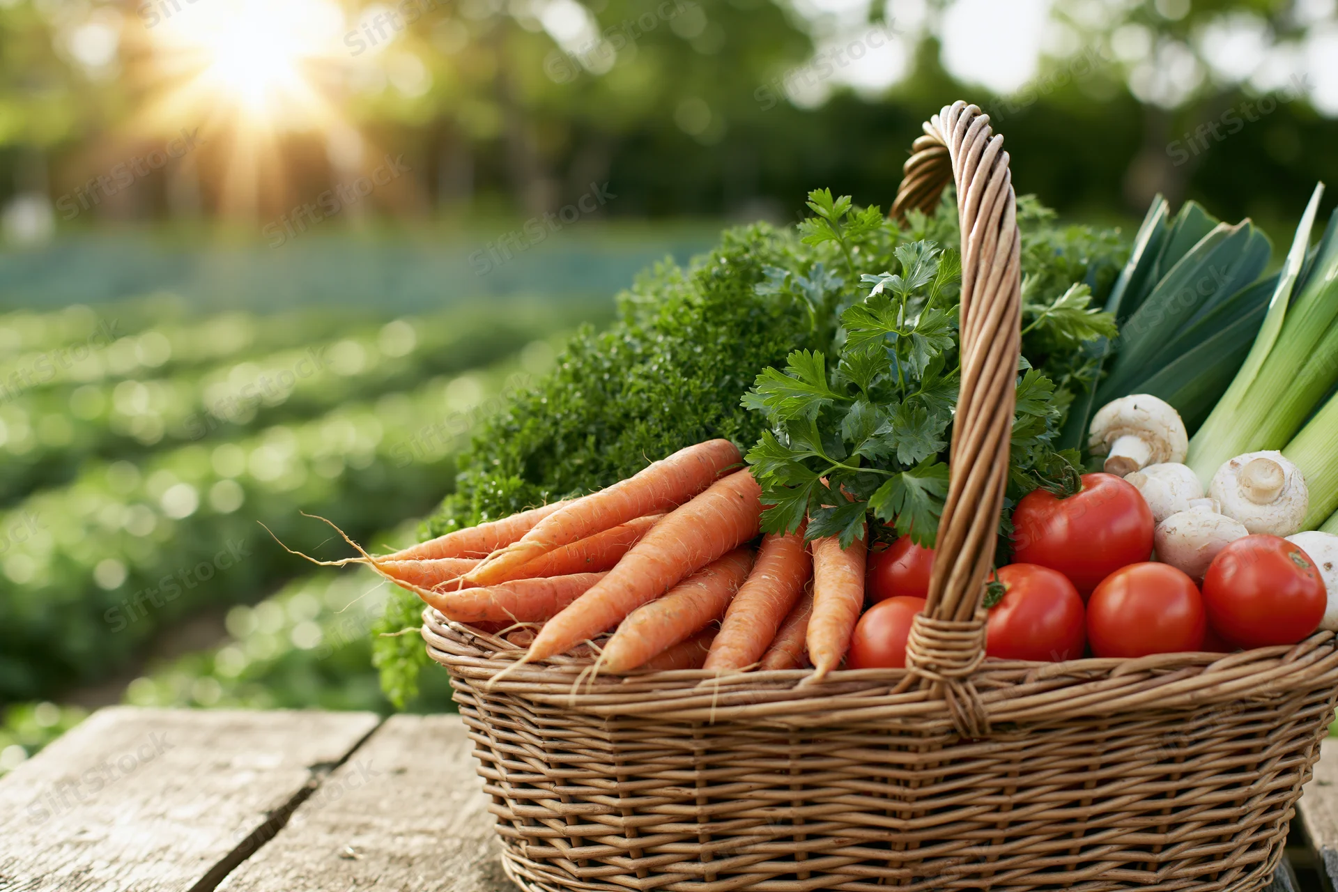 Wicker basket filled with fresh vegetables on wooden table in garden at sunrise
