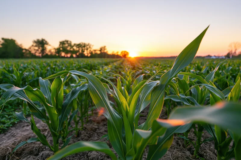 Young corn plants growing in rows across a farm field at sunset