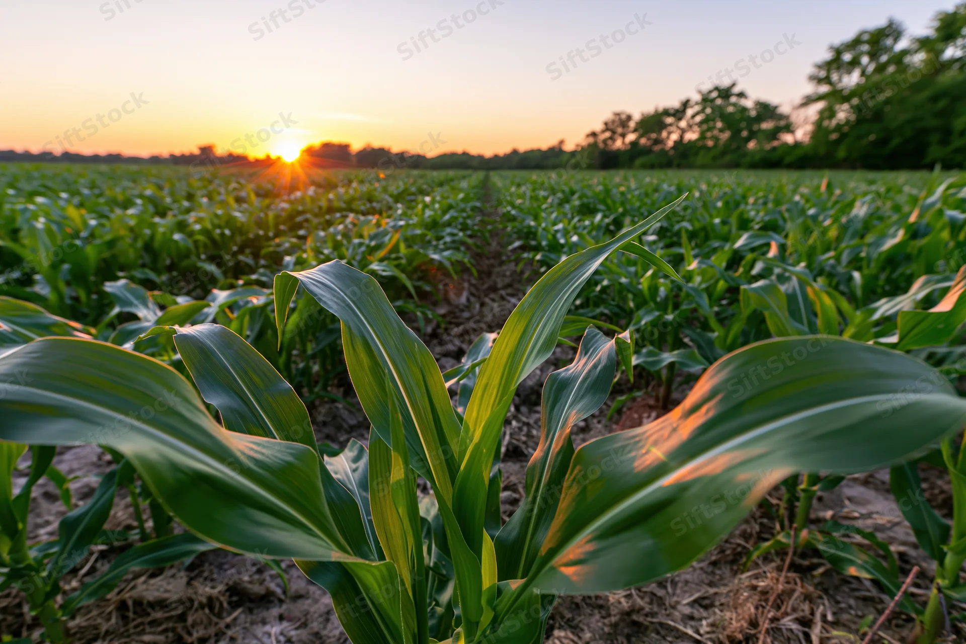 Young corn plants growing in rows across a field at sunset