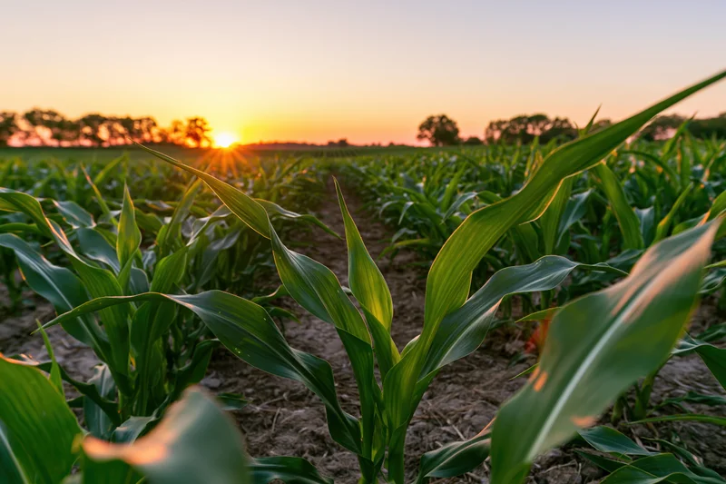 Young corn plants growing in rows across a field at sunset