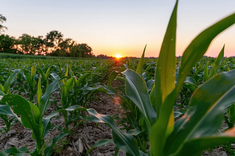 Young corn plants growing in rows across a field at sunset