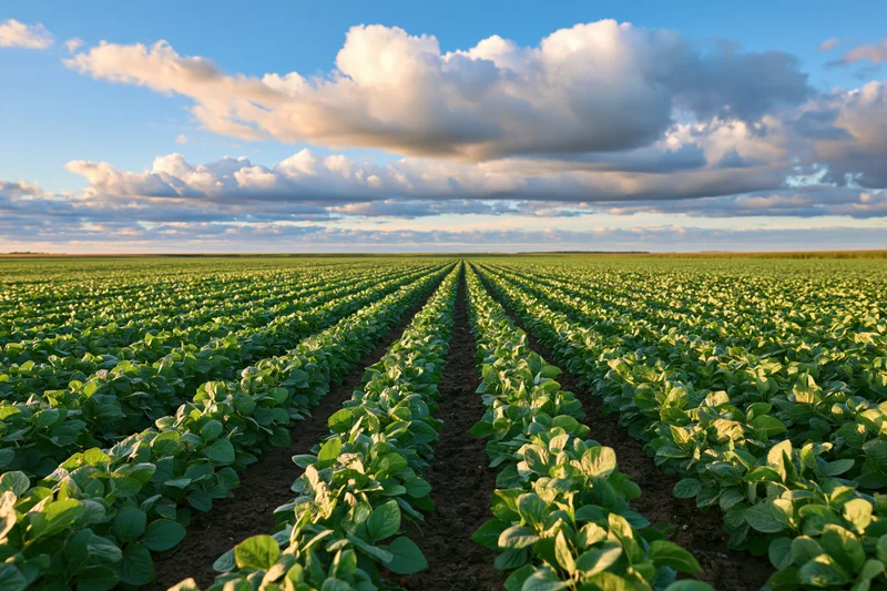Rows of soybean plants stretching across a vast field under a partly cloudy sky