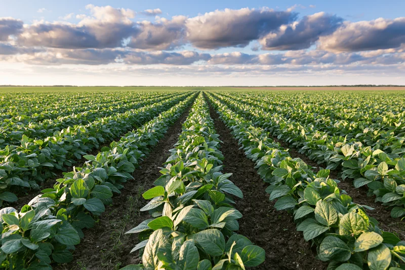 Rows of soybean plants growing in a vast field under a partly cloudy sky
