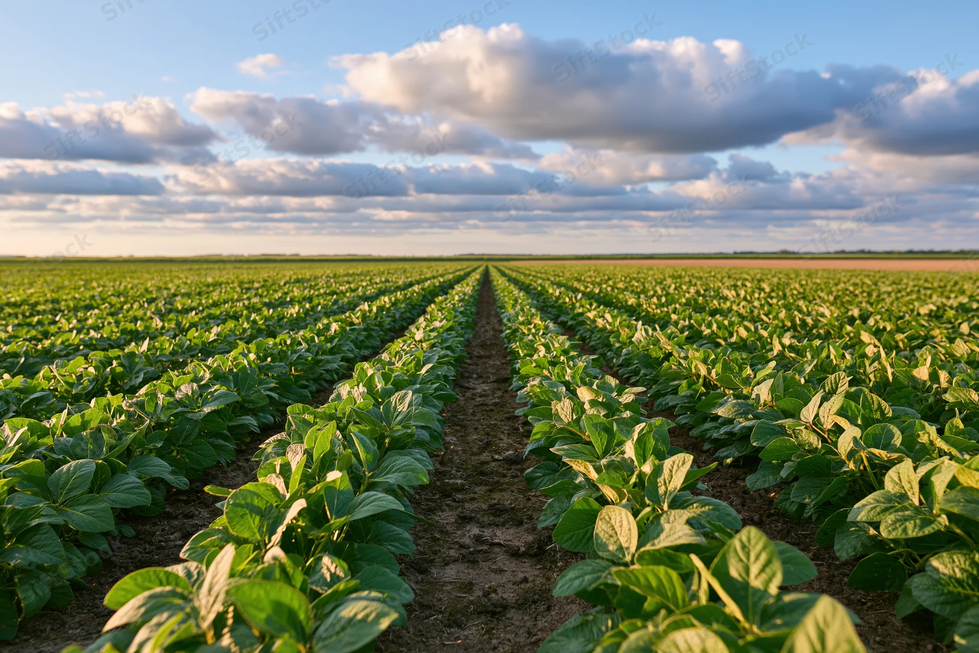 Soybean crop rows stretching across a vast field under a partly cloudy sky