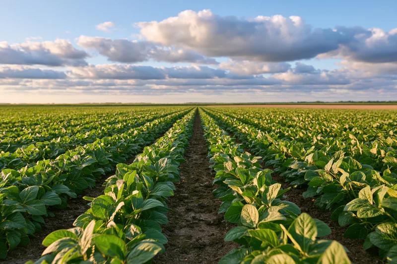 Soybean crop rows stretching across a vast field under a partly cloudy sky