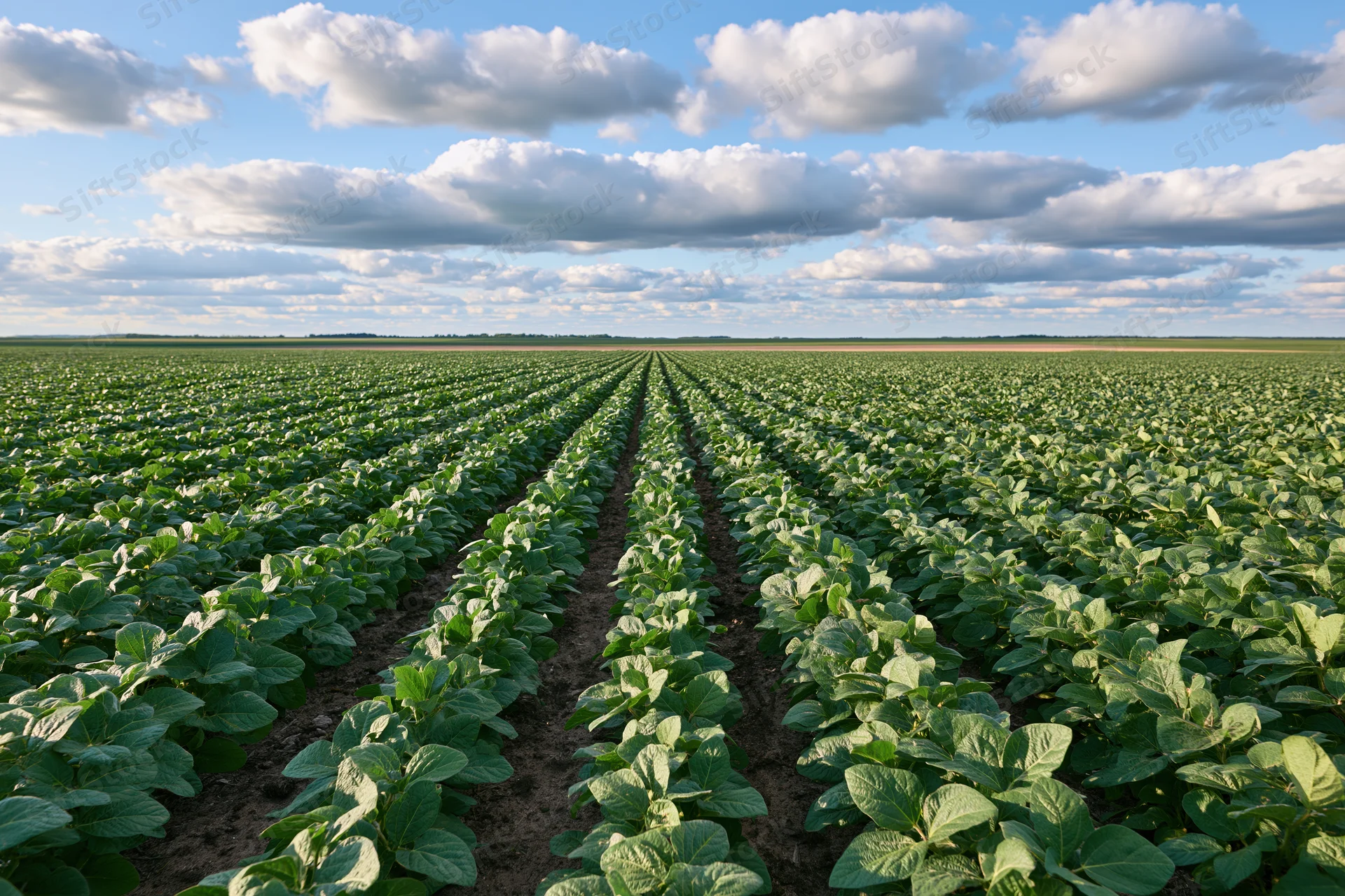 Soybean crop rows stretching across a vast open field under a partly cloudy sky