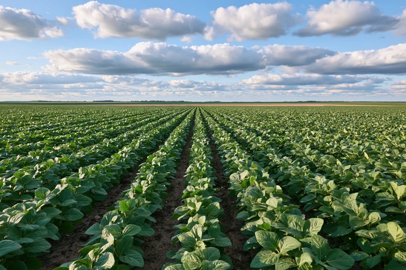Soybean crop rows stretching across a vast open field under a partly cloudy sky