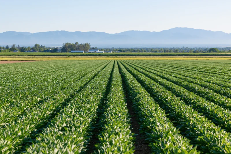 Rows of green crops growing in a vast field under a clear sky with distant mountains in the background