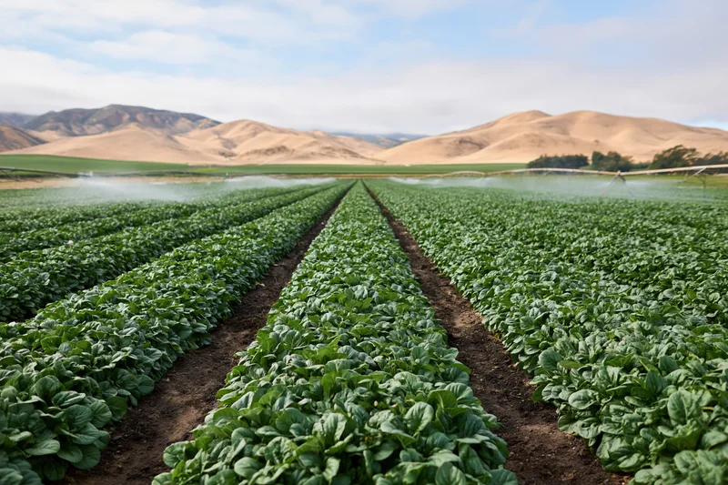 Rows of green lettuce crops being irrigated in a large farm field with mountains in the background