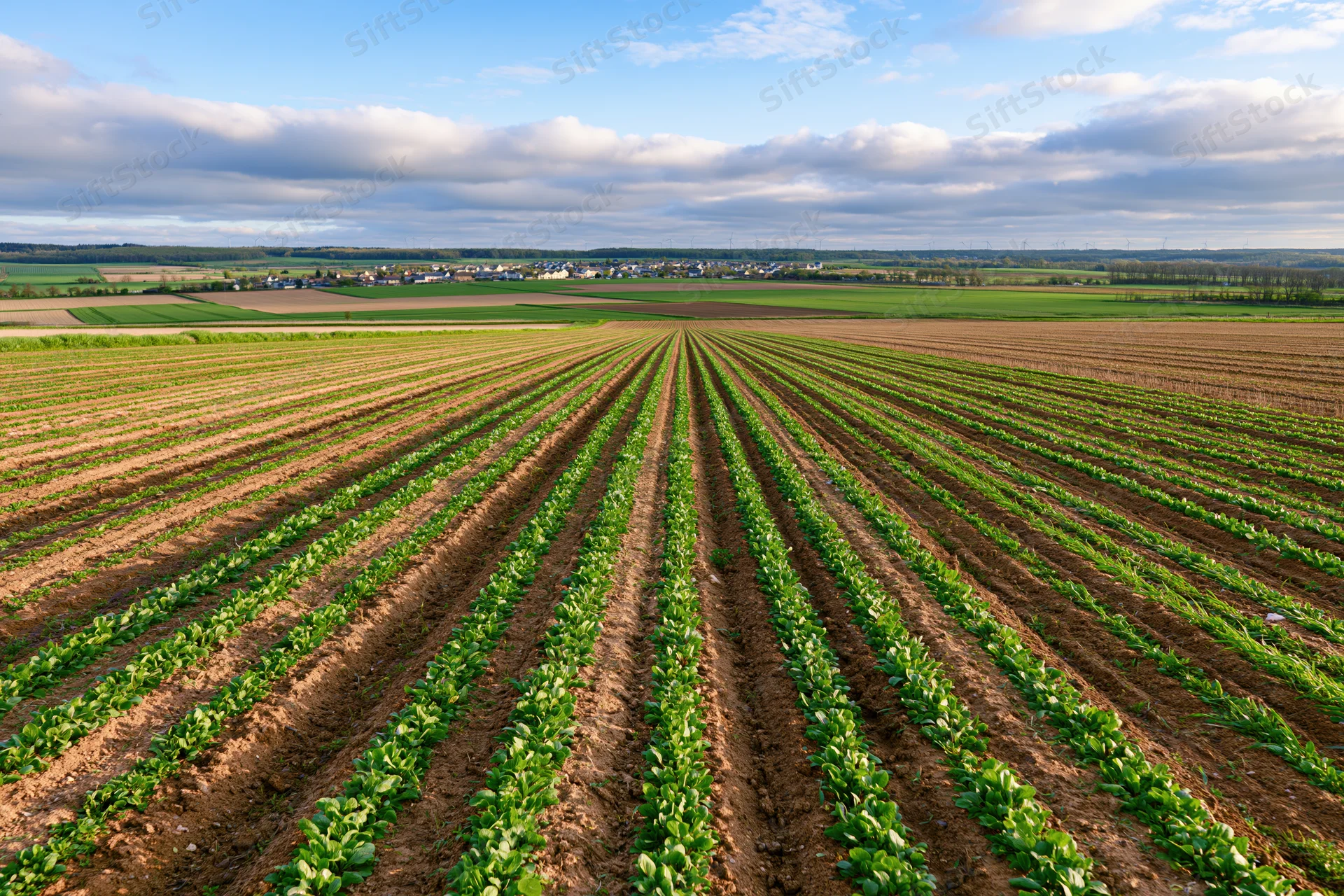 Neatly planted crop rows in a rural field under a partly cloudy sky