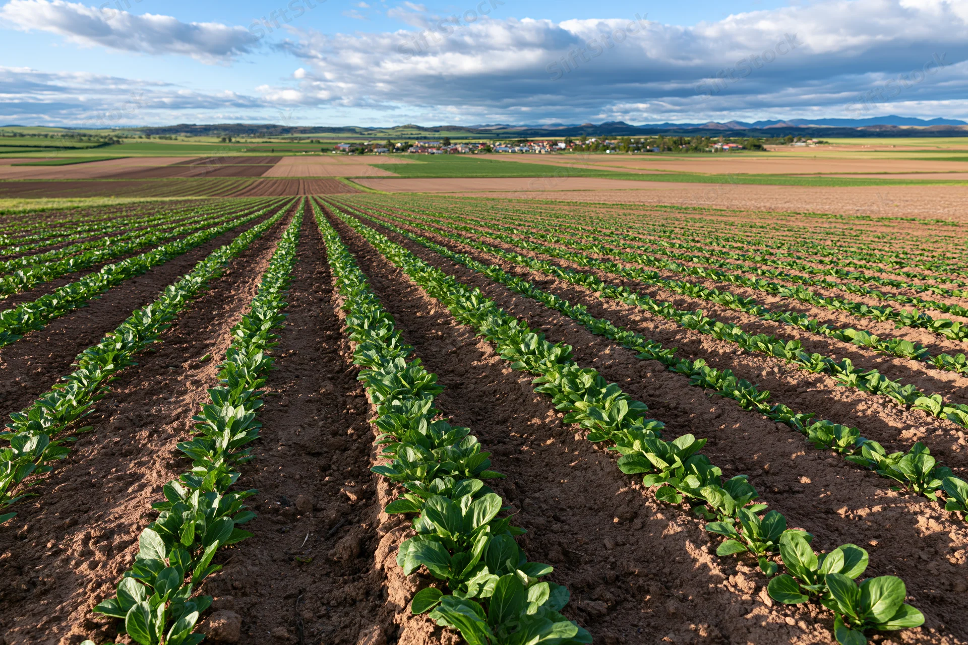 Neat rows of green leafy crops planted in a rural field under a cloudy sky