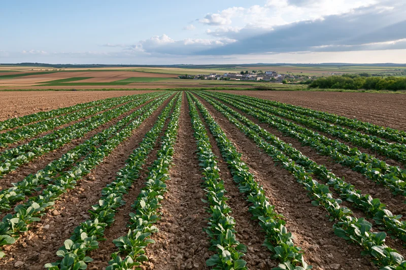 Neat rows of green crops planted in a rural field under a partly cloudy sky with a village on the horizon