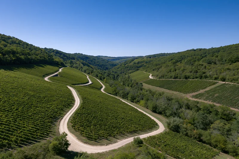 Winding dirt road through rows of grapevines in a green valley in france