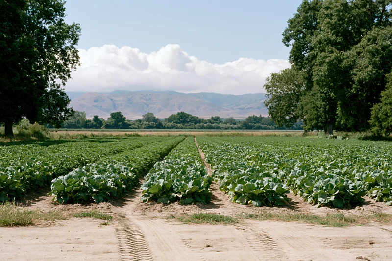 Neat rows of green vegetable crops in a rural farm field under a cloudy sky with distant mountains