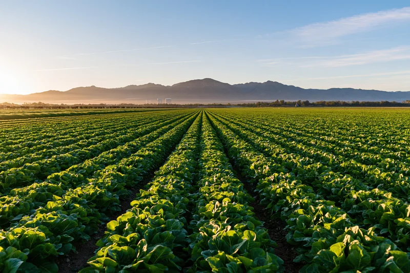 Neat rows of leafy green lettuce growing in a vast agricultural field under a clear sky with distant mountains at sunrise