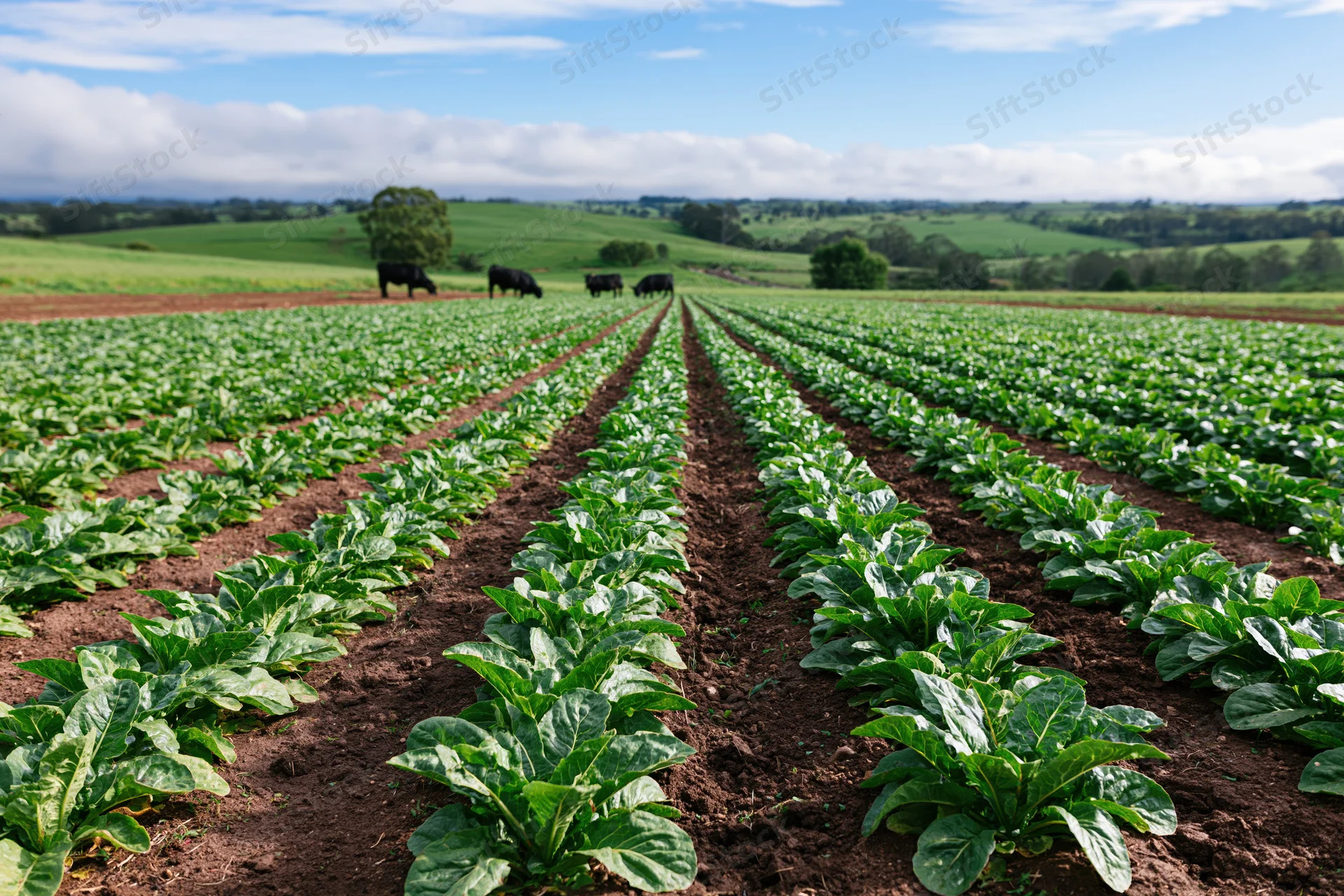 Neat rows of leafy green vegetables growing in a farm field under a blue sky with cows grazing in the distance