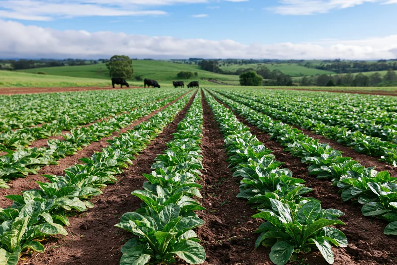 Neat rows of leafy green vegetables growing in a farm field under a blue sky with cows grazing in the distance