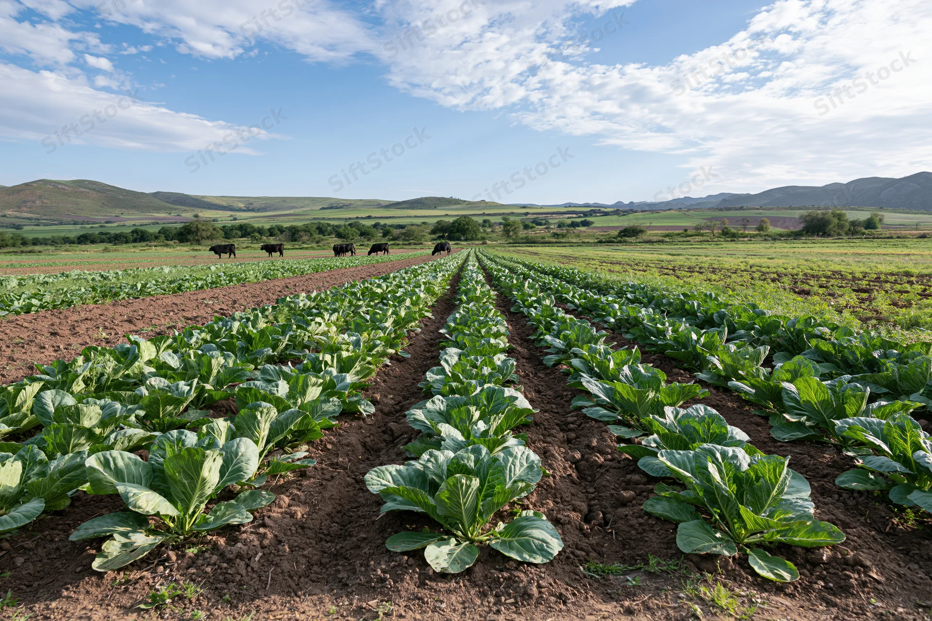 Neat rows of leafy green vegetables growing in a farm field with cows grazing in the distance under a blue sky with clouds