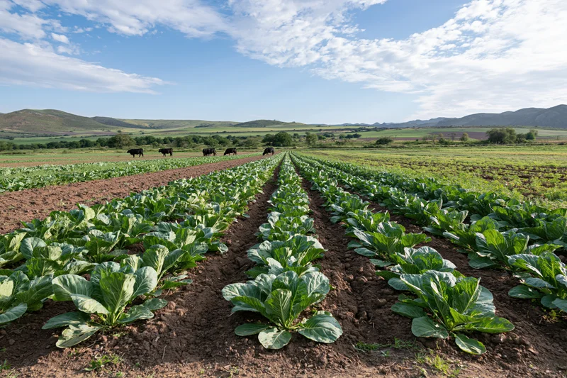 Neat rows of leafy green vegetables growing in a farm field with cows grazing in the distance under a blue sky with clouds