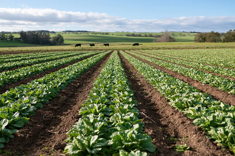 Neat rows of leafy green vegetables growing in a farm field under a partly cloudy sky with cows grazing in the distance