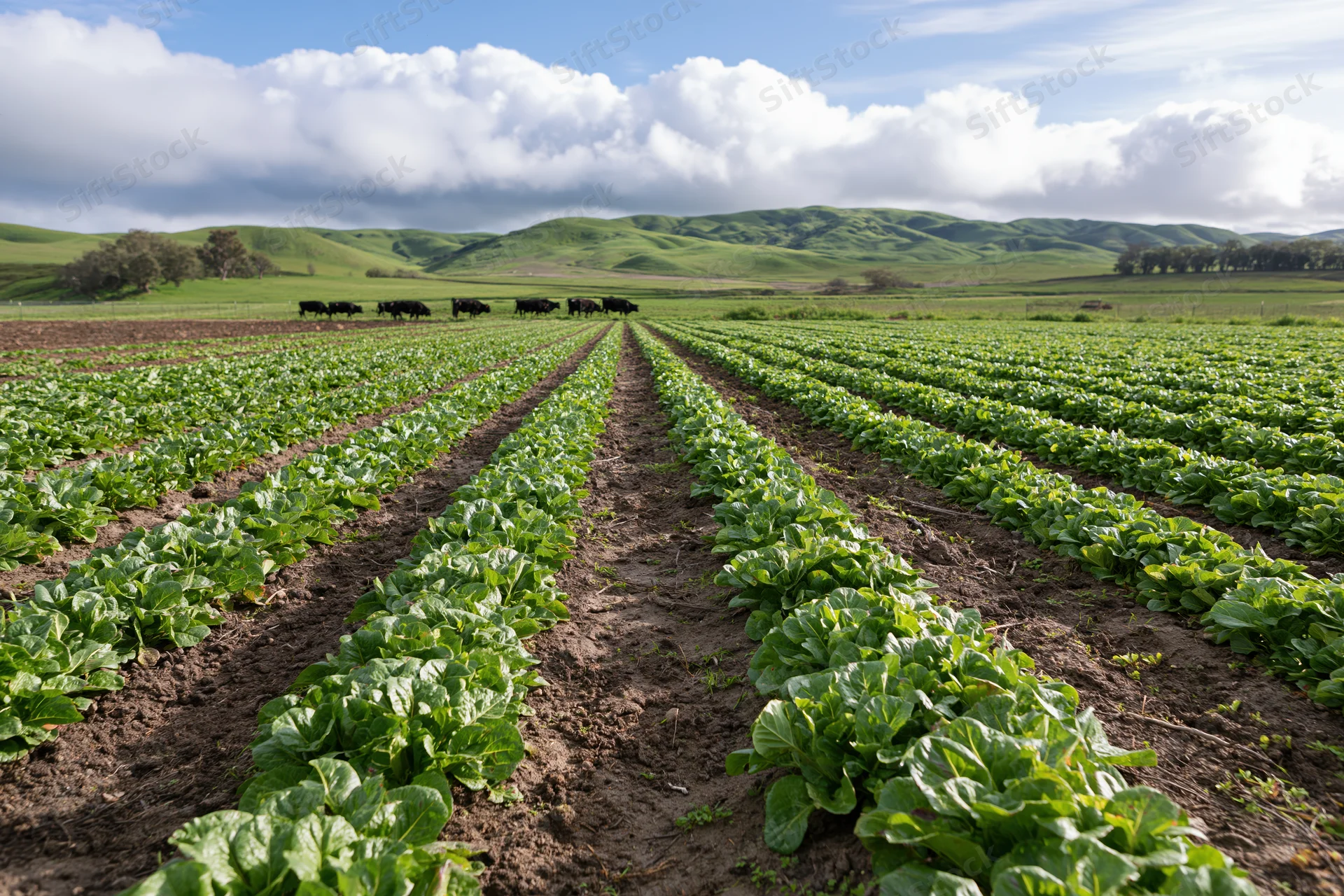 Rows of young leafy crops growing in a rural farm field with cattle grazing in the distance under a cloudy sky