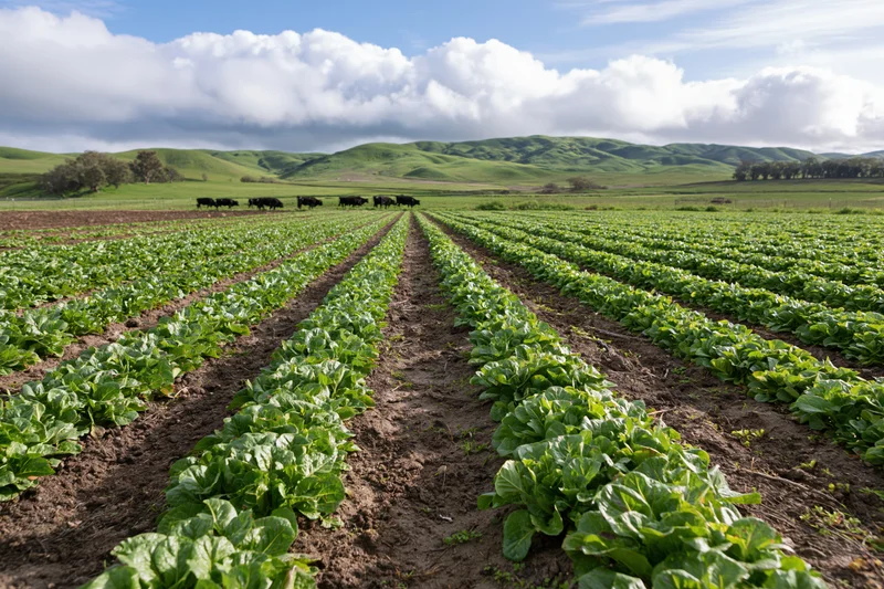 Rows of young leafy crops growing in a rural farm field with cattle grazing in the distance under a cloudy sky