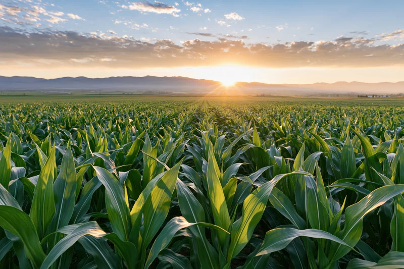 Young green cornfield stretching in rows toward distant mountains at sunrise
