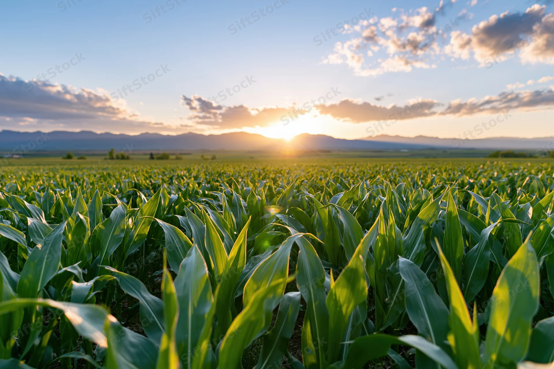 Young green cornfield stretching toward distant mountains at sunset