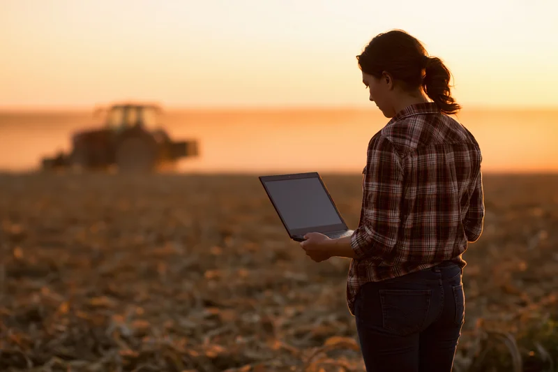 Woman holding open laptop in harvested corn field at sunset with tractor in background