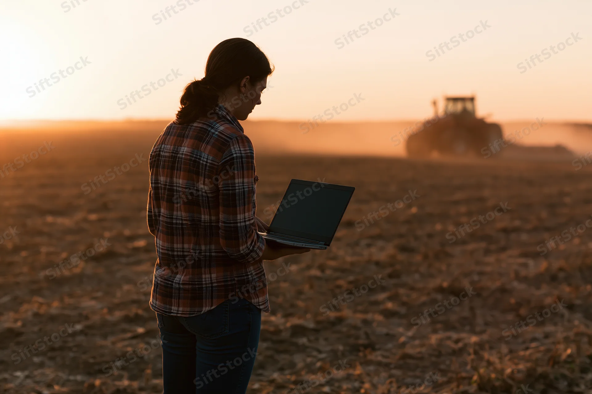 Woman holding laptop in harvested corn field at sunset with tractor in background
