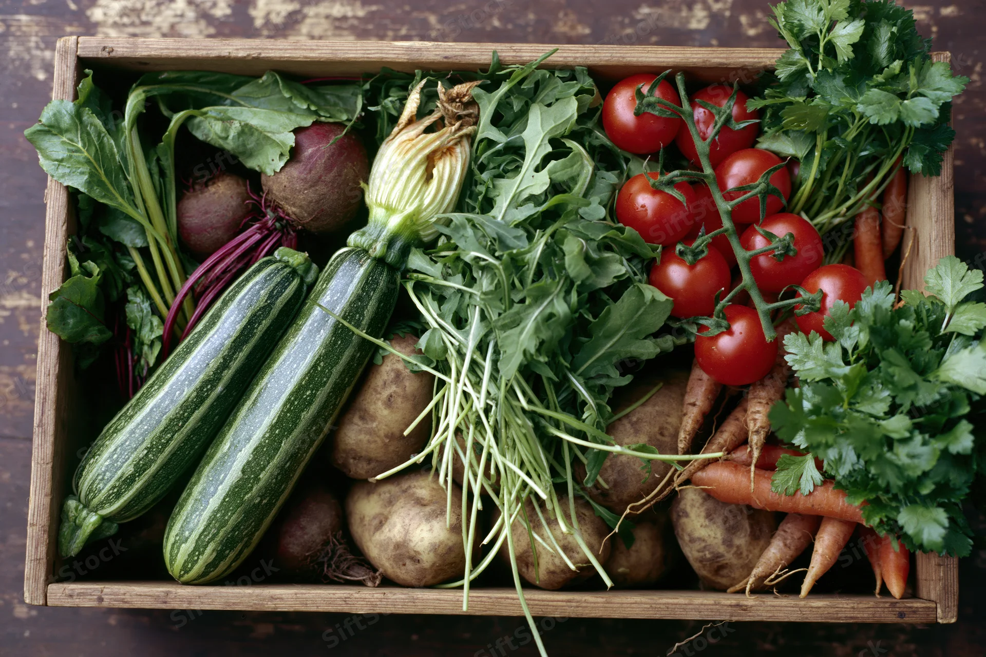 Wooden crate filled with freshly harvested vegetables arranged in rows on a dark surface