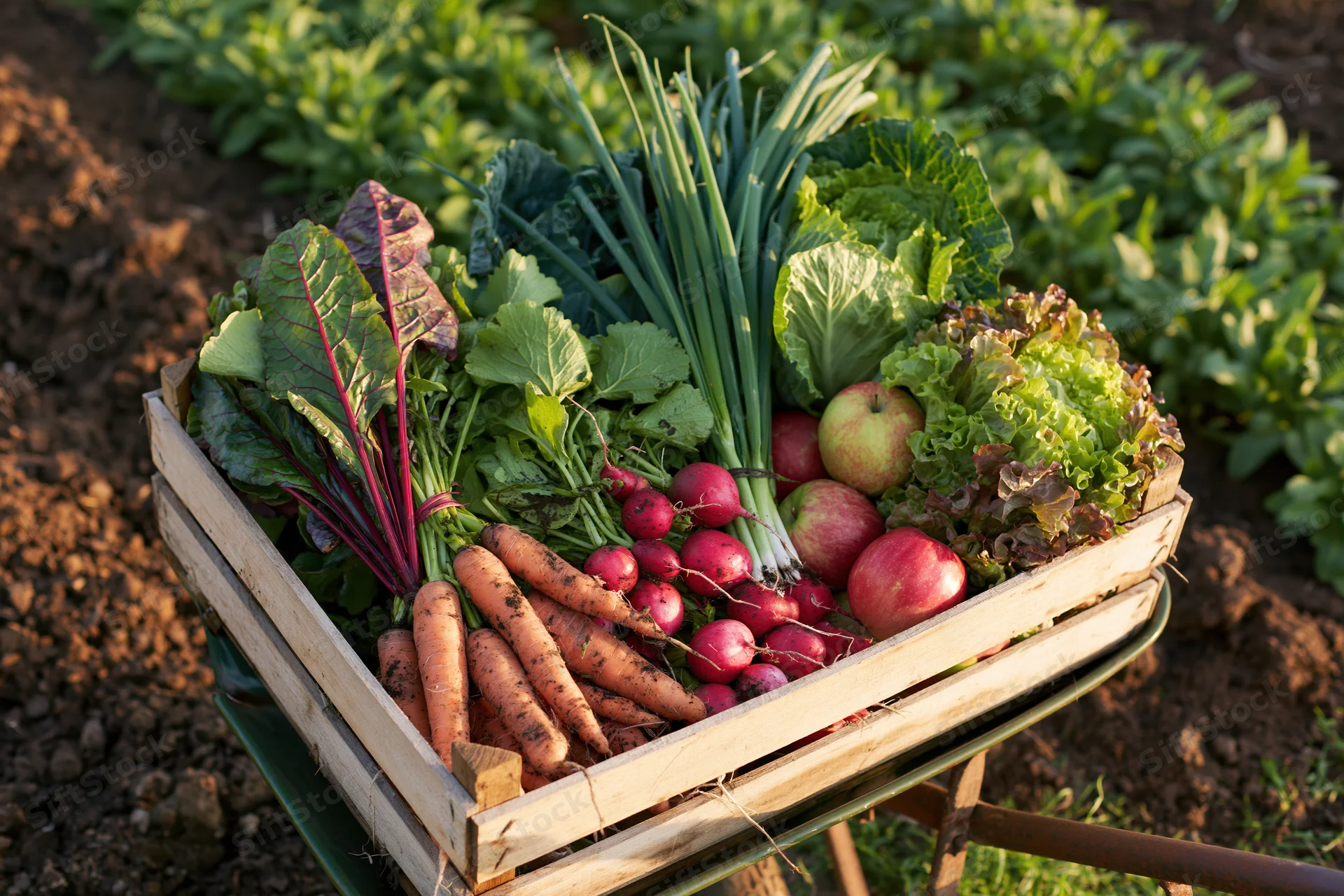 Wooden crate overflowing with freshly harvested vegetables in a garden field
