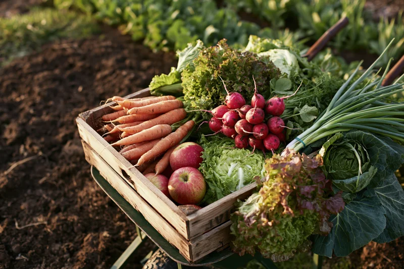 Wooden crate overflowing with freshly harvested vegetables on a garden cart in a field