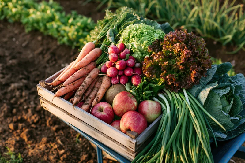 Wooden crate overflowing with freshly harvested vegetables on a farm field