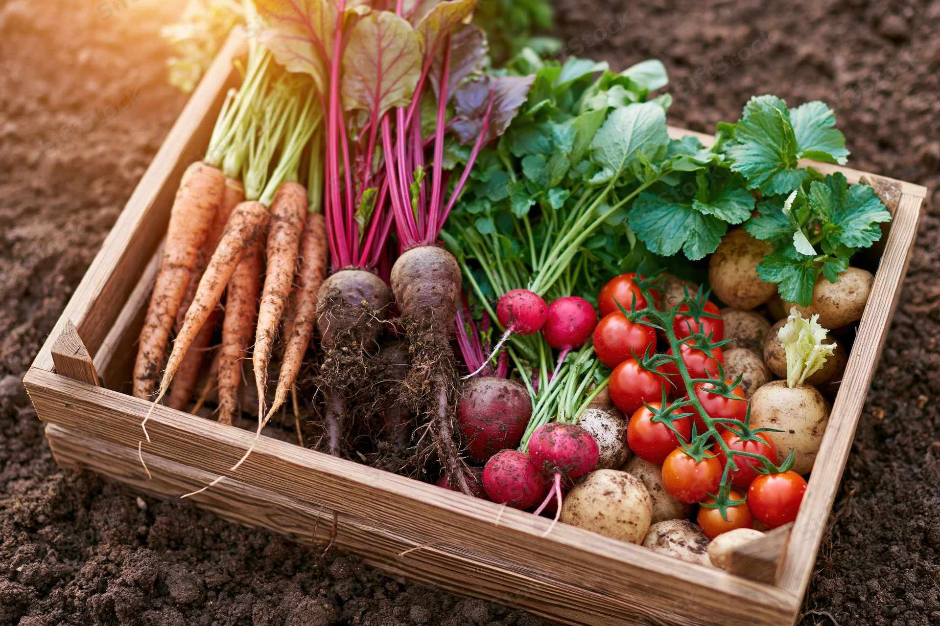 Wooden crate filled with freshly harvested vegetables resting on soil in a garden