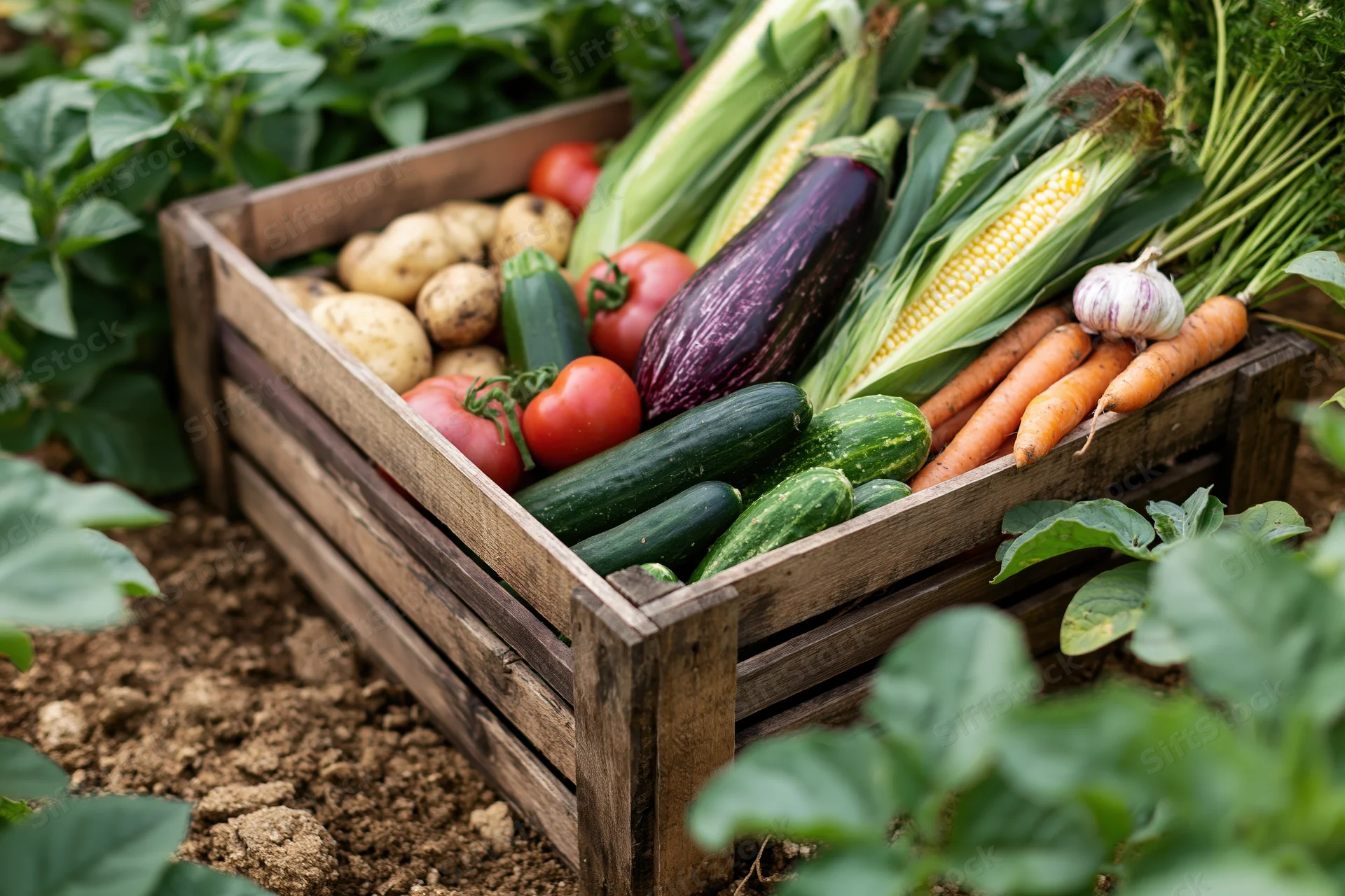 Wooden crate overflowing with freshly picked vegetables in a garden