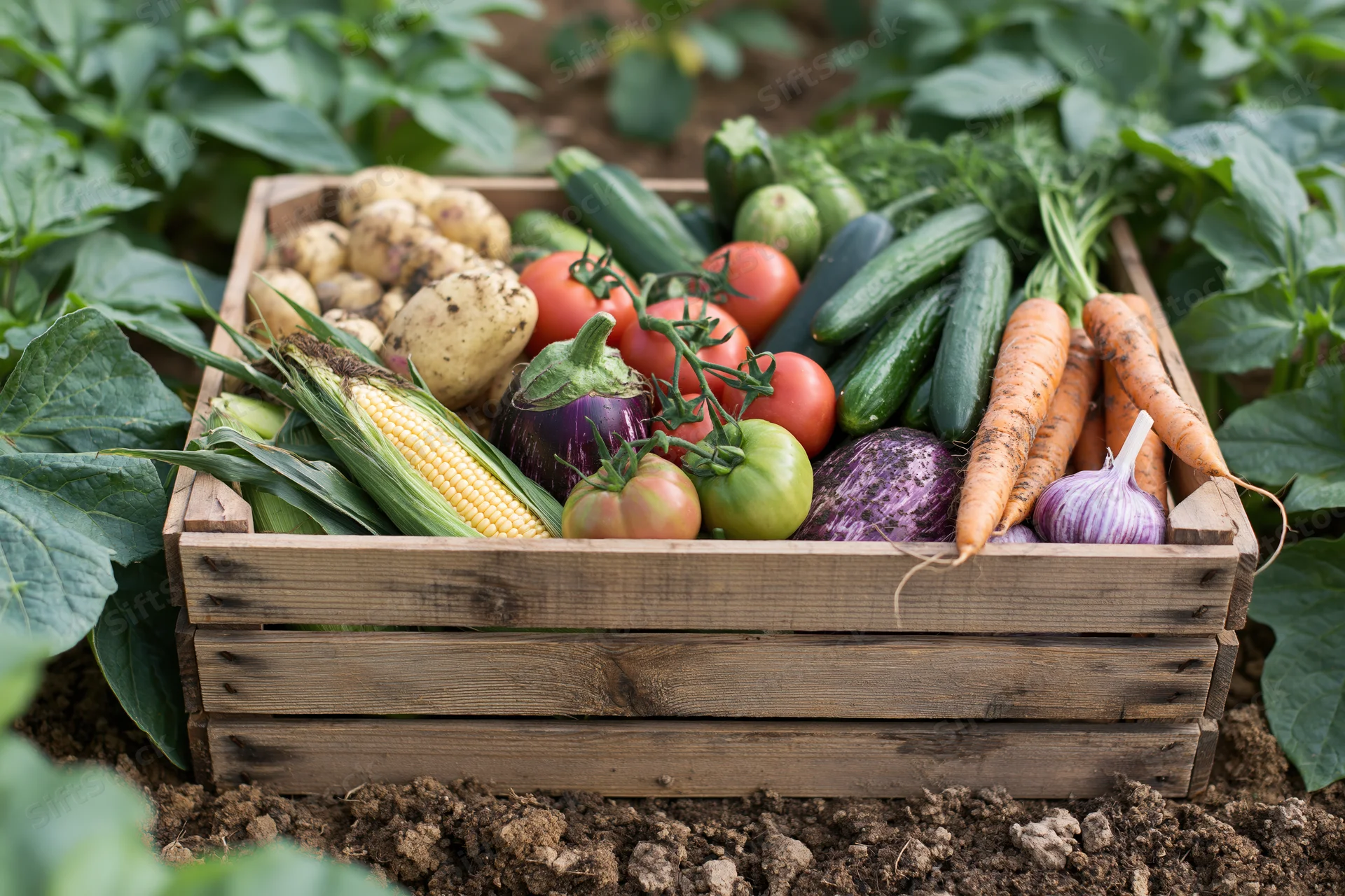 Wooden crate overflowing with freshly picked vegetables in a garden bed